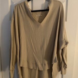Free People Beige Waffle-Knit V-Neck Pullover